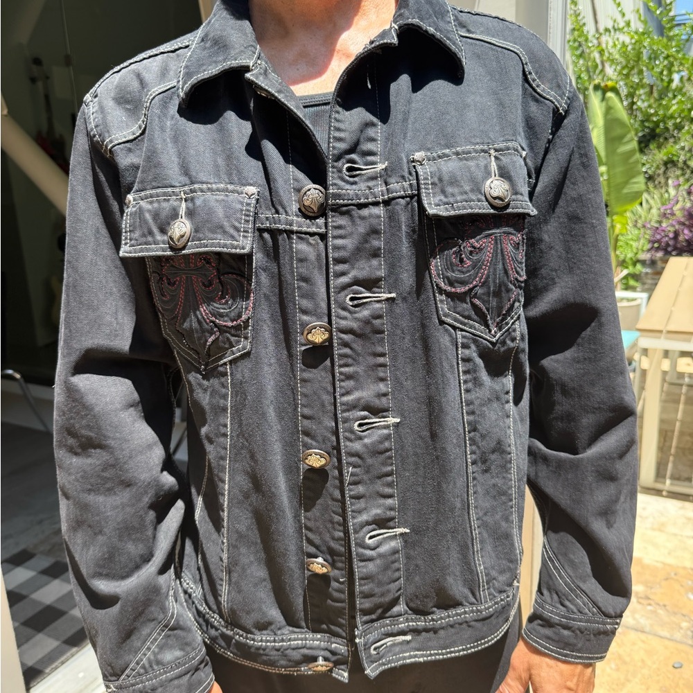 Affliction Vintage Charcoal Black Denim Jacket with Embroidered Accents